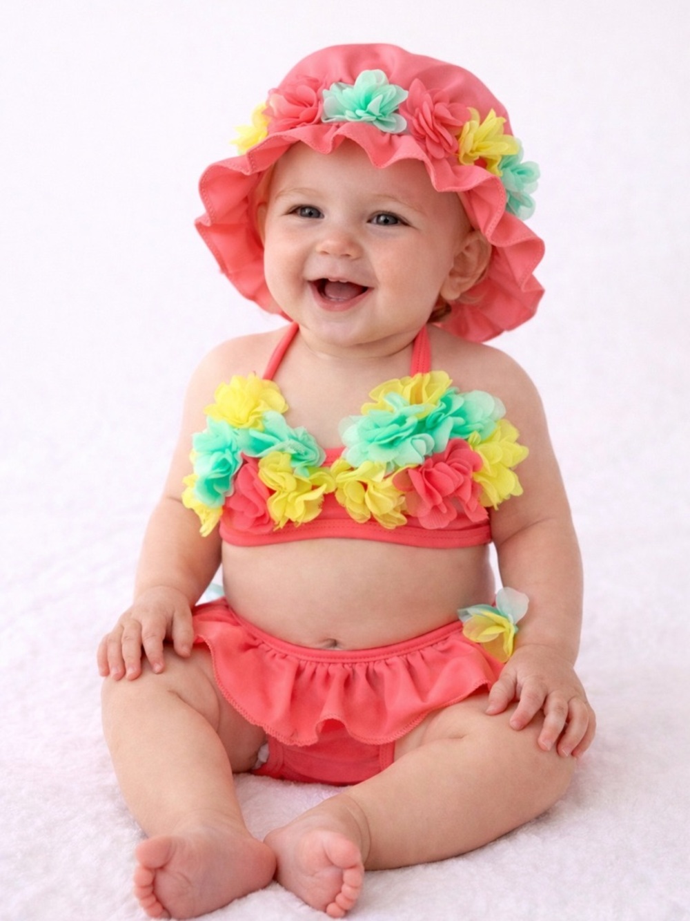 Coral Baby Floral Bikini Swim Set with Sun Hat and Matching Sunglasses